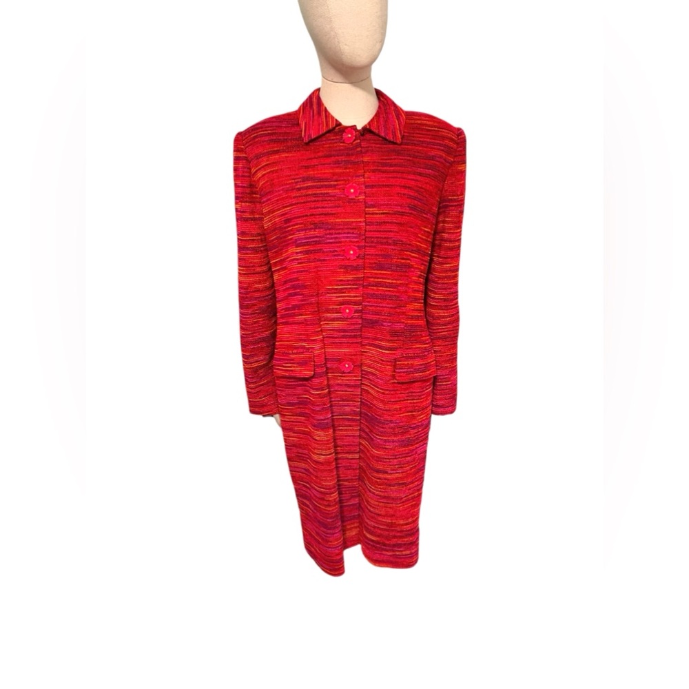 Lily & Taylor Tweed Red & Flower Button Accent Long Suit Jacket Size 10
